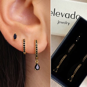 Black Onyx Teardrop Hoop Earring Set • gift for her • black hoops • minimalist dainty earrings • valentines day gift • personalized jewelry