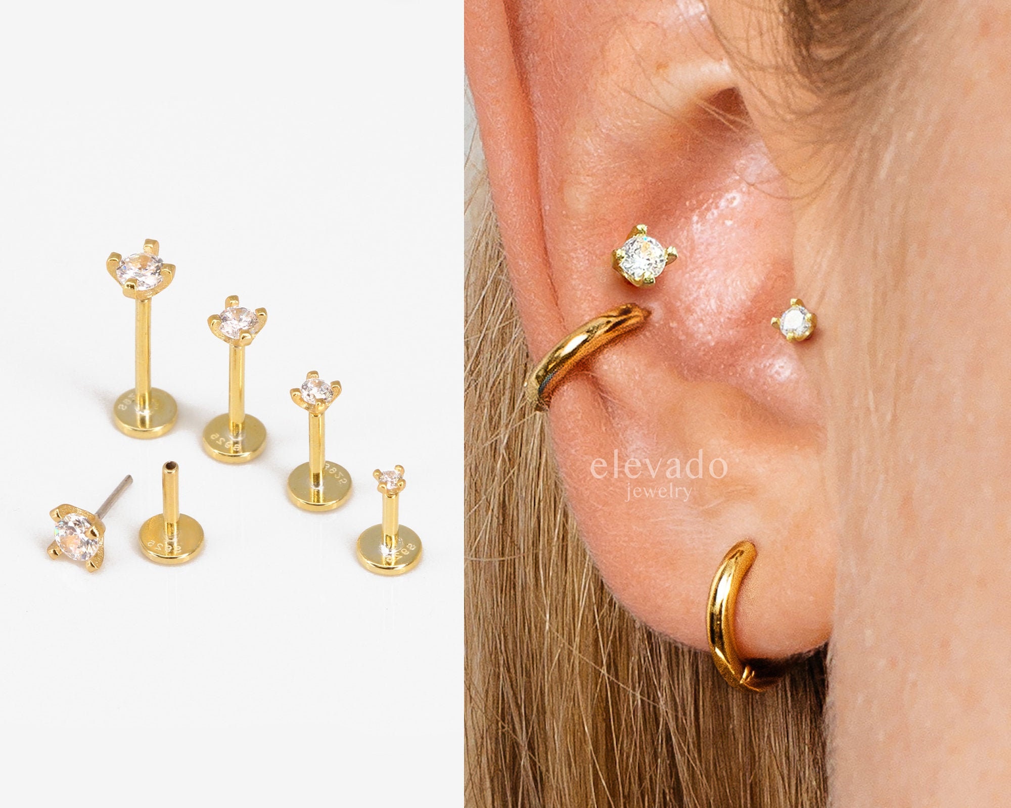14K Gold Flat Back Studs Comfort Studs Sleep in Earrings Push in Flat Back  Ear Stack Multiple Piercings 18g Fine Body Jewelry 