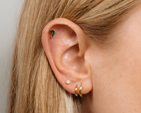 20G Emerald Marquise Cartilage Gold Stud Earrings Conch Earring