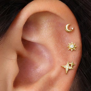 Set of 3 • 16G/18G Celestial Flat Back Earring Set • 925 Sterling Silver • Celestial Cartilage Earrings • Helix Earrings • Tragus Earrings