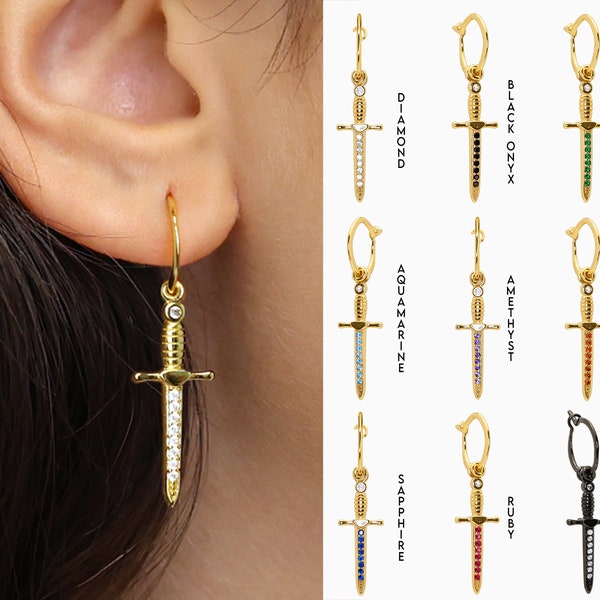 Paved Dagger Sword Dangle Hoop Earrings • No Hinge Design • Sword Earrings • Edgy Earrings • Minimalist Jewelry