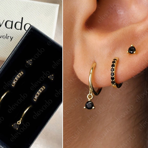 Black Onyx Classic Huggie Hoop Gift Set • Dainty Hoop Earrings • earring set • gift ready • gift for her • gift for mom • gift set