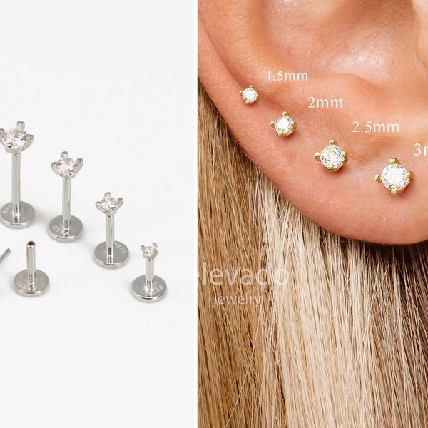 20G/18G/16G Silver Threadless Push Pin Labret Stud • Solid 925 Sterling Silver • Tragus Stud • Flat Back Earring • Helix • Conch