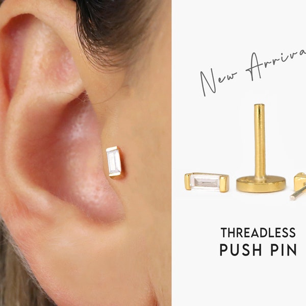 20G/18G Tiny Diamond Baguette Cartilage Threadless Push Pin Earrings • gold conch earring • tiny stud • helix• tragus studs • flat back