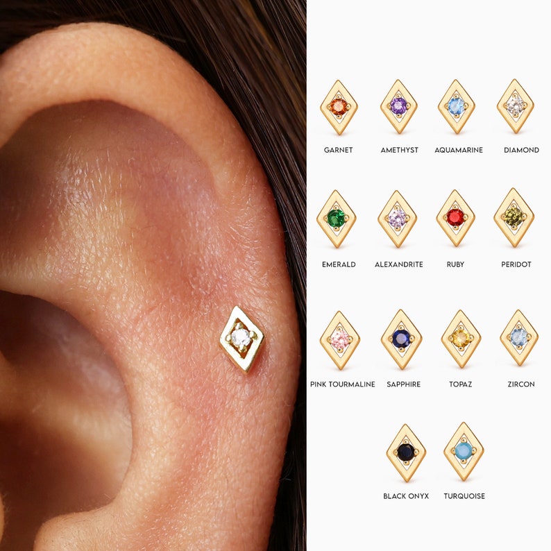 18G/16G Diamond Birthstone Cartilage Flat Back Labret conch earrings tiny studs cartilage stud helix stud tragus labret stud image 1