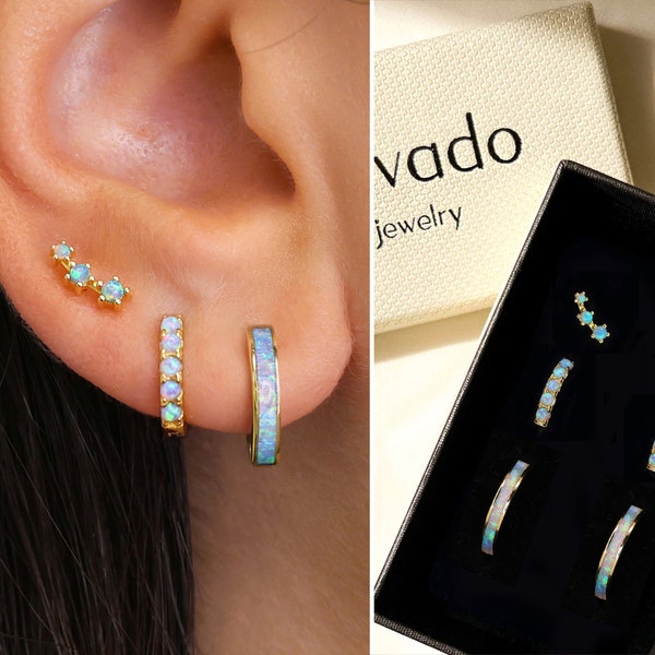 Blue Opal Inlay Huggie Hoop Earring Set • gift for her • bridesmaid gift • gift for mom • gold hoop • opal stone hoop