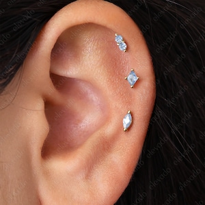 Set of 3 • 18G/16G Blue Zircon Flat Back Labret Earring Stack • Cartilage Helix Earrings • Tragus Earring • Conch Earring • Stacking Earring