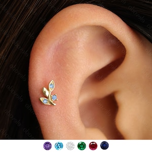 18G/16G Aquamarine Leaf Internally Threaded Flat Back Labret • 925 Sterling Silver • tragus stud  • conch earrings • cartilage helix stud