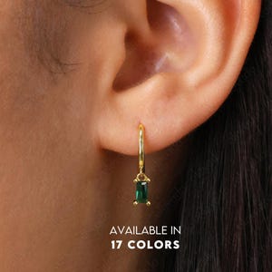 Emerald Charm Hoop Dangle Earrings • charm hoops • gold hoop earrings • delicate emerald earrings • minimalist hoops • tiny charm