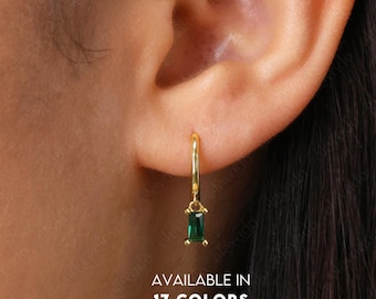 Emerald Charm Hoop Dangle Earrings • charm hoops • gold hoop earrings • delicate emerald earrings • minimalist hoops • tiny charm