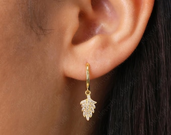 Leaf Hoop Earrings • leaf charm cz hoops • huggie earrings • dangle hoop earrings • delicate earrings • minimalist hoops • minimal earrings