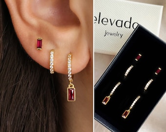 Ruby Baguette Dangle Earring Gift Set • Gemstone Earrings • Huggie Hoop Earrings • earring set • gift for her • gift for mom • gift set