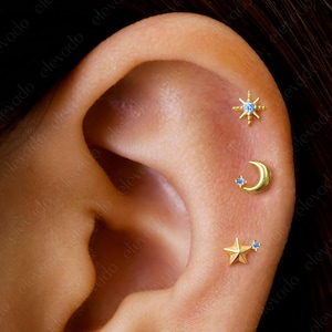 Set of 3 • 16G/18G Aquamarine Celestial Flat Back Earring Set • Star Cartilage Earring • Moon Helix Earring • Tragus Earring • Conch Earring
