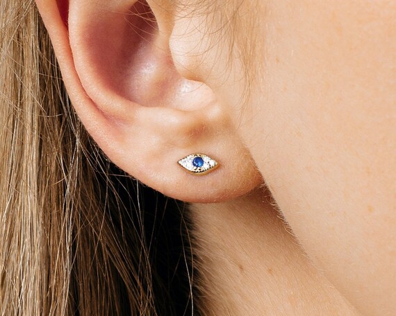 Tiny Evil Eye Stud Earrings CZ Dainty 