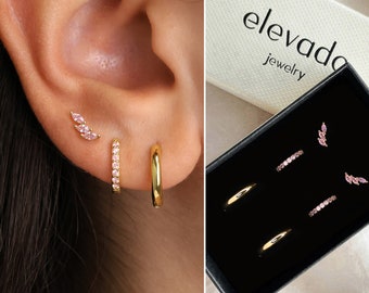 Pink Tourmaline Everyday Hoop Earring Stack Set • gift for her • bridesmaid gift • christmas gift • gold hoop earrings • minimalist earring
