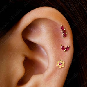 Set of 3 • 16G/18G Ruby Charm Flat Back Earring Set • Star Cartilage Earrings • Moon Helix Earring • Tragus Earrings • Conch Earring