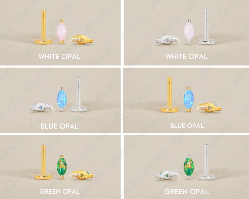 May include: A collection of six flat-back labret studs featuring marquise-cut opal attachments in white, blue, and green. Each set includes a threaded post, a decorative opal bead, and a matching backing in gold or silver-toned metal.