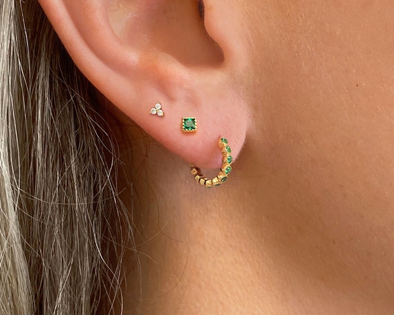 18G Square Emerald Cartilage Stud Earrings Dainty Earrings Tiny