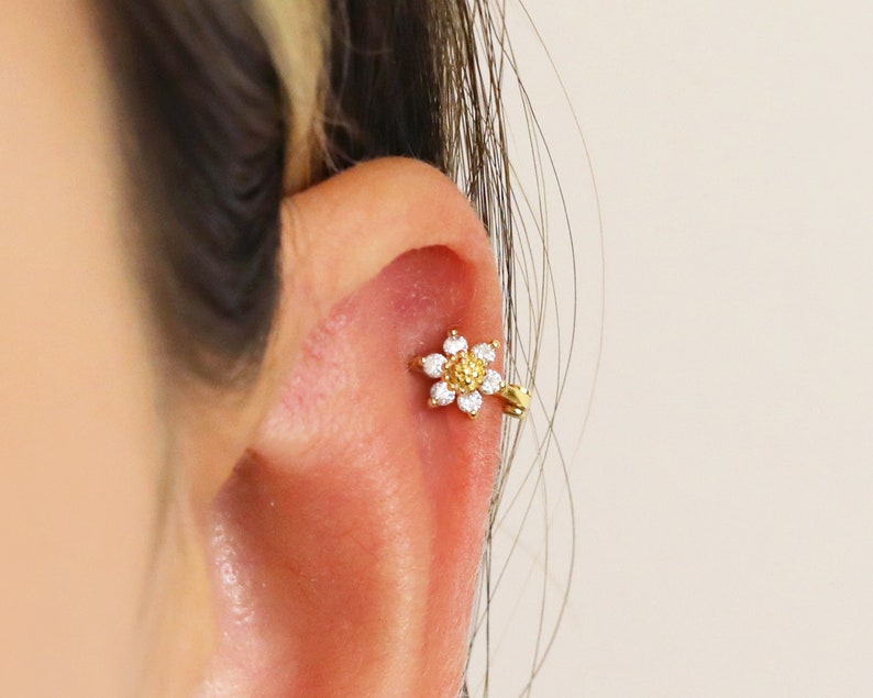 18G Sunflower Cartilage Gold Hoop Earrings Tragus Earrings Etsy