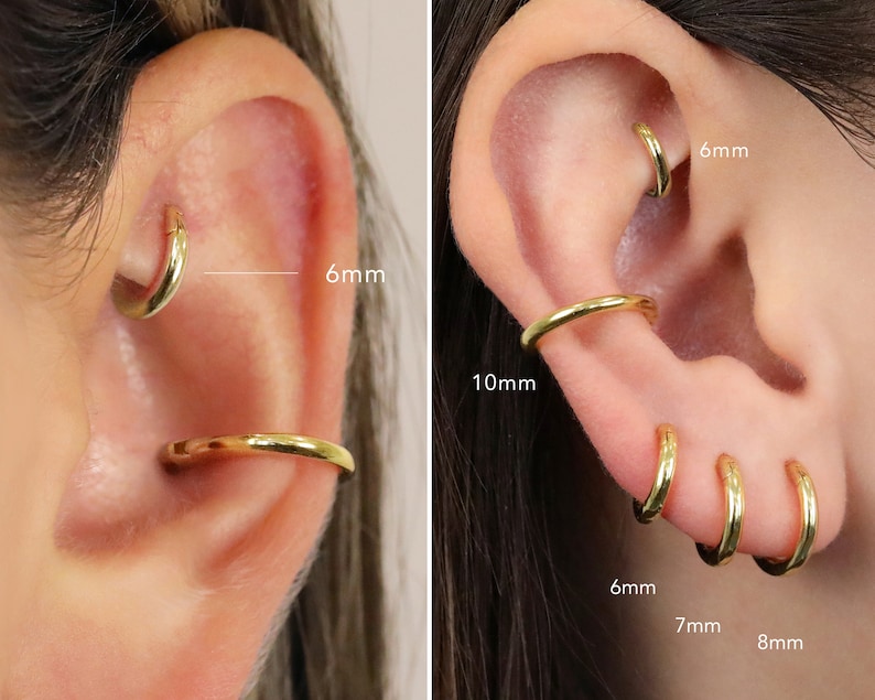 May include: Close-up of a person's ear with multiple gold hoop earrings in different sizes. The earrings are 6mm, 7mm, 8mm, 10mm, and 6mm in diameter.