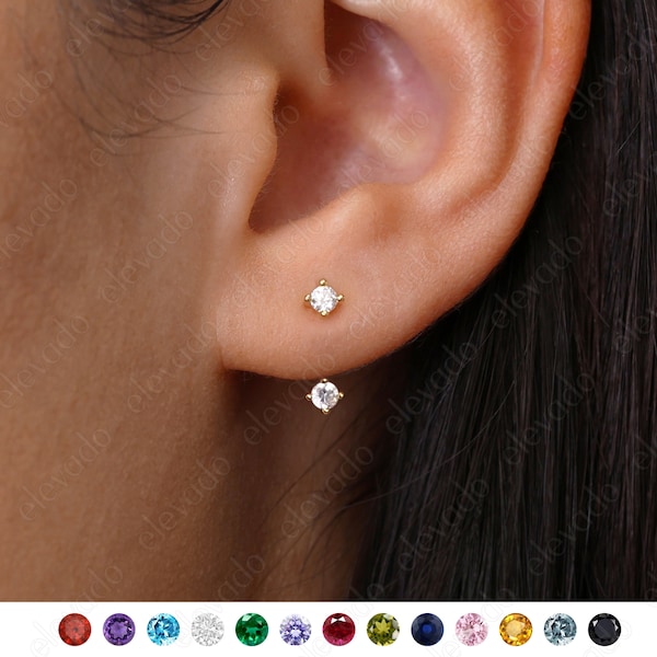 NUEVO ‣ Pendientes con piedra natal (delantero y trasero) • delicados pendientes tipo ear jacket • pendientes de oro con piedra natal • pendientes tipo ear jacket - pendientes minimalistas • pendientes de circonita cúbica
