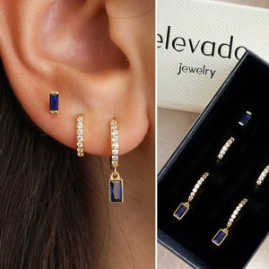 Sapphire Paved Baguette Dangle Earring Gift Set • Dainty Earrings • Everyday Earrings • Birthstone Earrings • Gold earrings