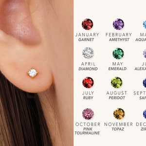 Baby Toddler 1.5mm Genuine Birthstone Stud Earrings with Screw Back, Solid 14K Yellow Gold, Kids Birthstone Studs, Nickel Free Yellow Gold