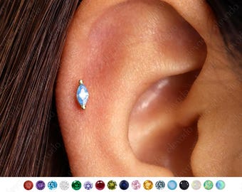 18G/16G Aquamarine Flat Back Labret: Sterling Silver Tragus Stud