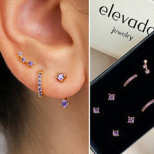 Amethyst Front Back Earring Gift Set • amethyst earring stack • huggie hoops • gold stud earrings • gift for her • elevado jewelry