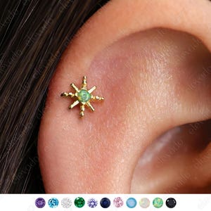 Clou labret à dos plat, étoile et opale vert jardin 18 g/16 g • Boucle d'oreille cartilage • Clou tragus • Piercing hélice • Piercing nez • Bijoux Elevado