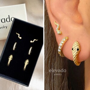 Serpent Hoop Earring Stack • cadeau voor haar • cadeau bruidsmeisje • Moederdagcadeau • gouden oorringen • minimalistische oorbellen • elevado