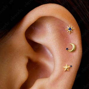 Set of 3 • 16G/18G Sapphire Celestial Flat Back Earring Set • Star Cartilage Earrings • Moon Helix Earring • Tragus Earrings • Conch Earring