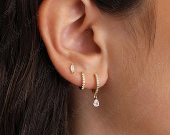 Diamond Teardrop Hoop Earring Set • gift for her • diamond hoops • minimalist dainty earrings • valentines day gift • personalized jewelry