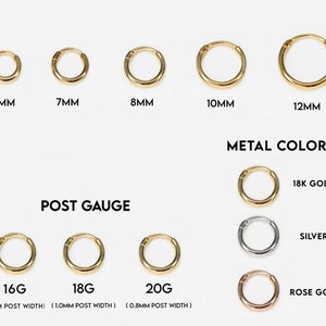 May include: A set of gold hoop earrings in various sizes, ranging from 6mm to 12mm in diameter. The earrings are available in 18k gold, silver, and rose gold. The earrings are also available in different post gauges, including 16G, 18G, and 20G.