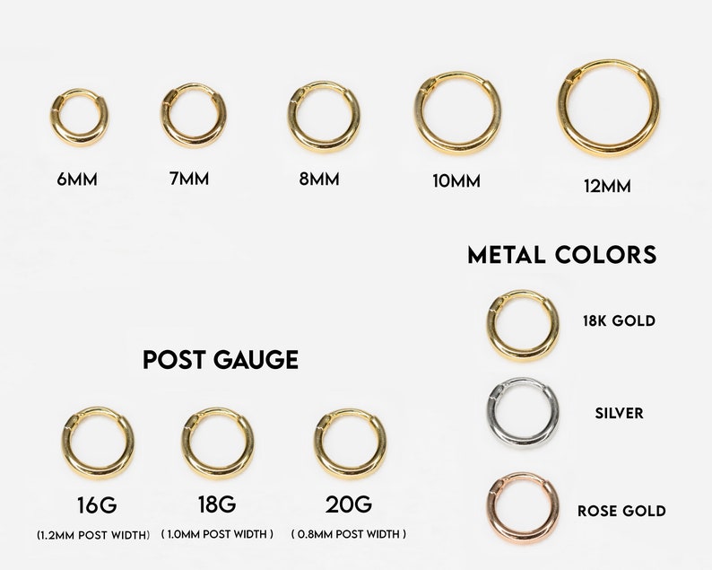May include: A set of gold hoop earrings in various sizes, ranging from 6mm to 12mm in diameter. The earrings are available in 18k gold, silver, and rose gold. The earrings are also available in different post gauges, including 16G, 18G, and 20G.