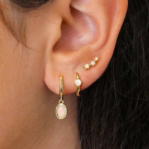 White Opal Hoop Earring Stack Set • gift for her • gold opal hoop earrings • minimalist earrings • opal earrings • opal jewelry
