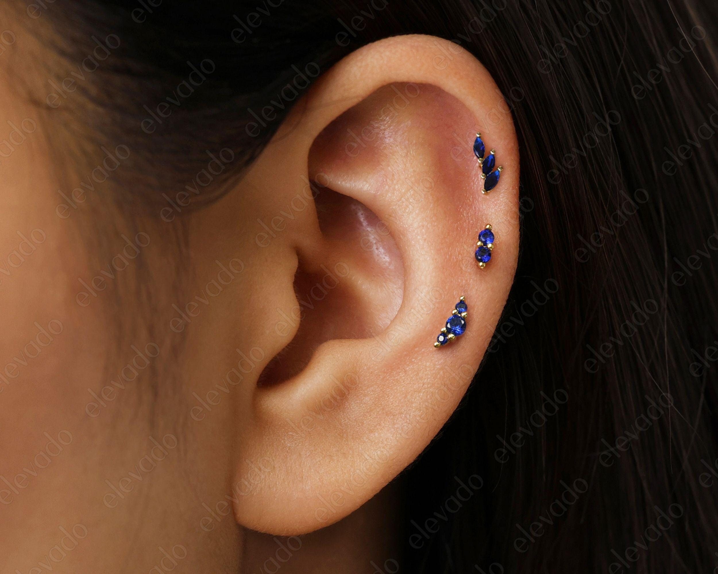 Set of 3 • 16G/18G Sapphire Charm Earring Set • Sapphire Cartilage Earrings • Sapphire Helix Earrings • Tragus Earring • Conch Earring