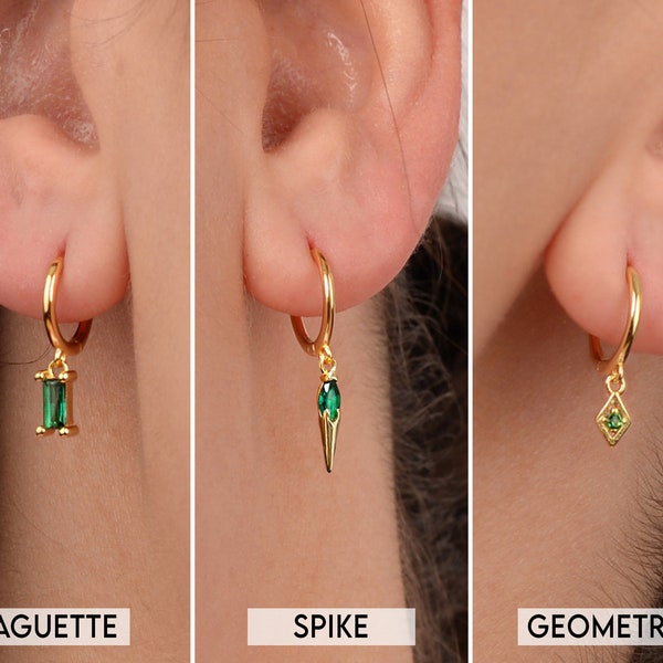Emerald Charm Hoop Dangle Earrings • charm hoops • gold hoop earrings • delicate emerald earrings • minimalist hoops • tiny charm