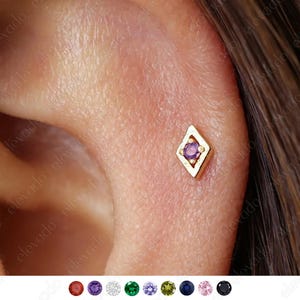 18G/16G Tiny Amethyst Rhombus Internally Threaded Labret Stud •Cartilage Earring • Tragus • Conch • Cartilage Stud • Flat back Labret