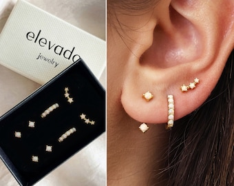 Dainty Opal Earring Stack Set • gift for her • bridesmaid gift • mothers day gift • gold hoop earrings • minimalist earrings • opal earring