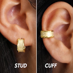May include: Two close-up images of a person's ear wearing gold ear jewellery. The left image shows a gold hoop earring labelled "STUD". The right image shows a gold ear cuff labelled "CUFF".