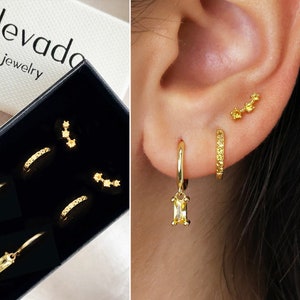 Yellow Topaz Earring Gift Stack Set •  birthstone personalized gift for her • bridesmaid gift • gift for mom • gold baguette stone hoops