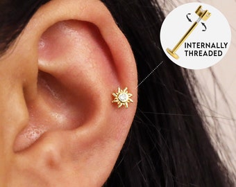 18G/16G Tiny CZ Sun Internally Threaded Labret Stud • Cartilage Earring • Tragus • Conch Stud • Sun Cartilage Stud • Flat back Labret