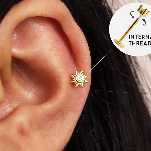 18G/16G Tiny CZ Sun Internally Threaded Labret Stud • Cartilage Earring • Tragus • Conch Stud • Sun Cartilage Stud • Flat back Labret