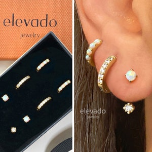 Opal x CZ Earring Stack • gift for her • bridesmaid gift • mothers day gift • gold earrings • hoop earrings • minimalist earrings • elevado