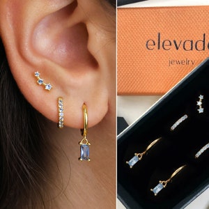 Blue Zircon Dangle Earring Gift Set • Birthstone Earrings • Huggie Hoop Earrings • earring set • gift for her • gift for mom • gift set