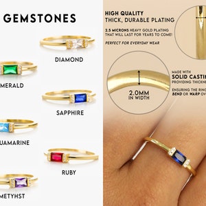 May include: Gold rings with different colored gemstones, including emerald, aquamarine, amethyst, ruby, sapphire, and diamond. The rings are 2.0 mm wide and 1.6 mm thick. The text "GEMSTONES" is at the top of the image. The text "HIGH QUALITY THICK, DURABLE PLATING" is on the right side of the image. The text "MADE WITH SOLID CASTING MOLD PROVIDING THICKNESS & RIGIDITY ENSURING THE RING WILL NOT BEND OR WARP OVER TIME & USE" is also on the right side of the image.