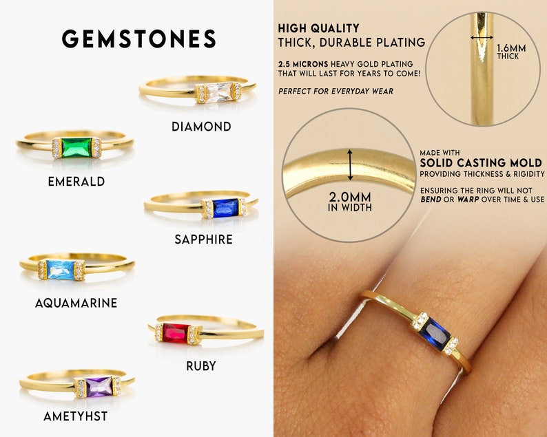 May include: Gold rings with different colored gemstones, including emerald, aquamarine, amethyst, ruby, sapphire, and diamond. The rings are 2.0 mm wide and 1.6 mm thick. The text "GEMSTONES" is at the top of the image. The text "HIGH QUALITY THICK, DURABLE PLATING" is on the right side of the image. The text "MADE WITH SOLID CASTING MOLD PROVIDING THICKNESS & RIGIDITY ENSURING THE RING WILL NOT BEND OR WARP OVER TIME & USE" is also on the right side of the image.