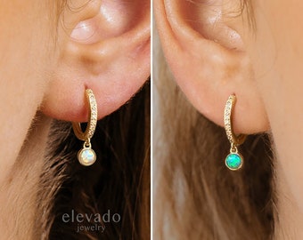 Opal x CZ Dangle Paved Hoop Earrings • charm hoops • gold hoop earrings • delicate gemstone earrings • minimalist hoops • tiny charm