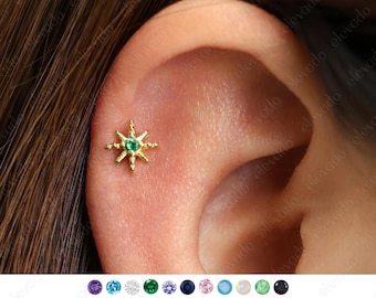 Emerald Star Flat Back Labret Stud • Sterling Silver Cartilage Earring